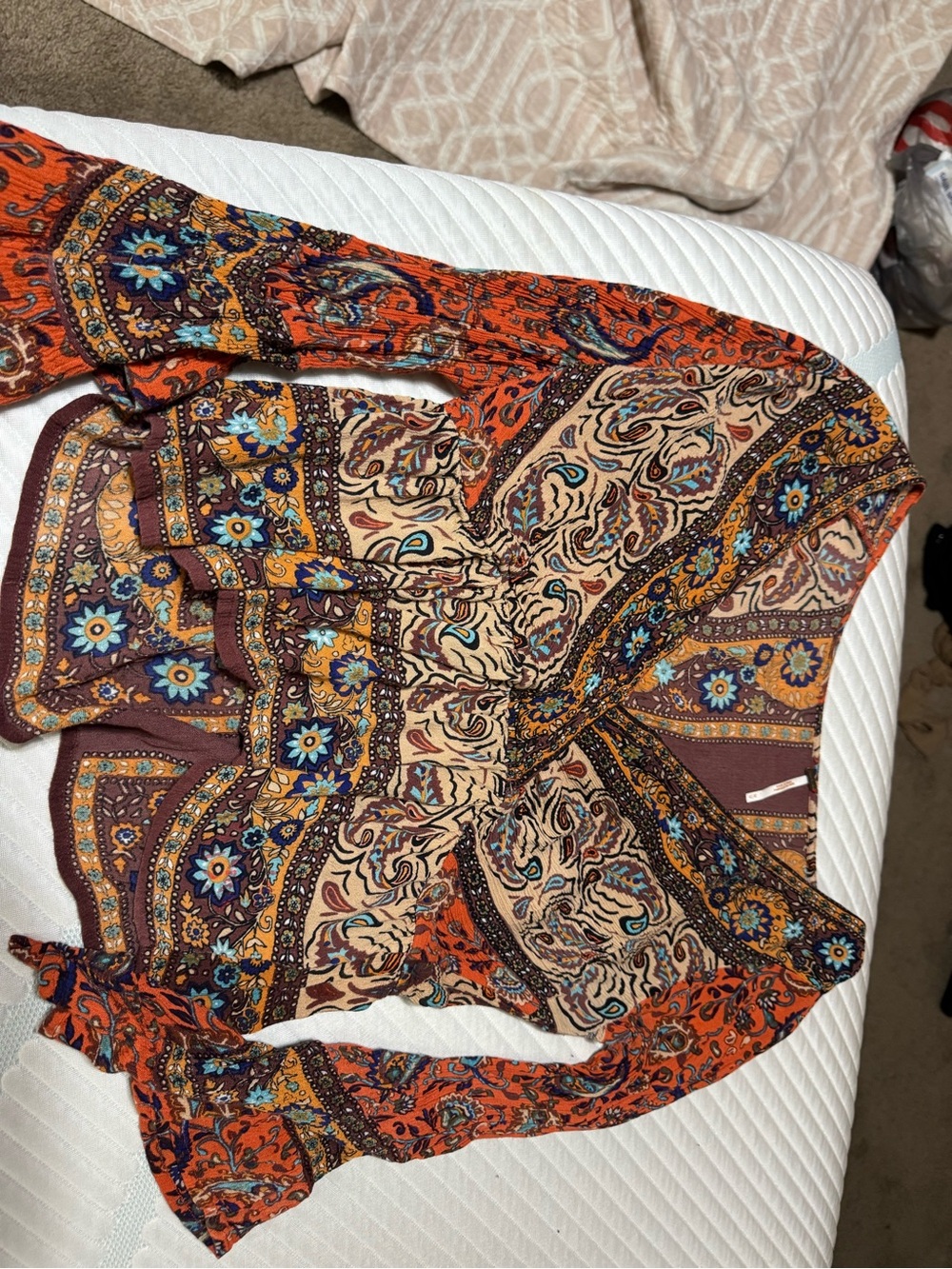 Free People Paisley Boho Peasant Top in Orange, Beige, Blue